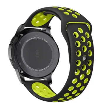 Silicone Sport Strap, black/yellow, on a watch, 3/4 rear view