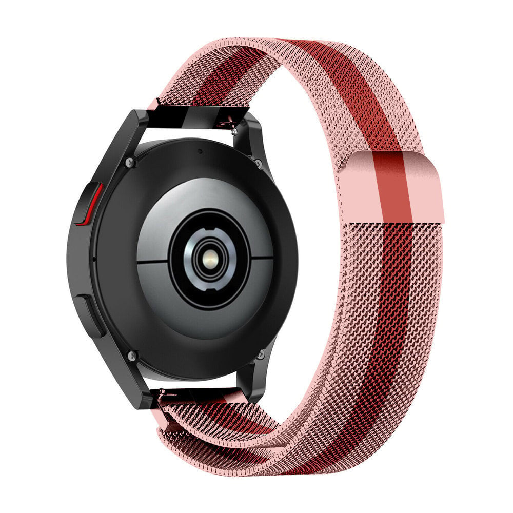 Milanese Strap, red/pink, on a watch, 3/4 rear view