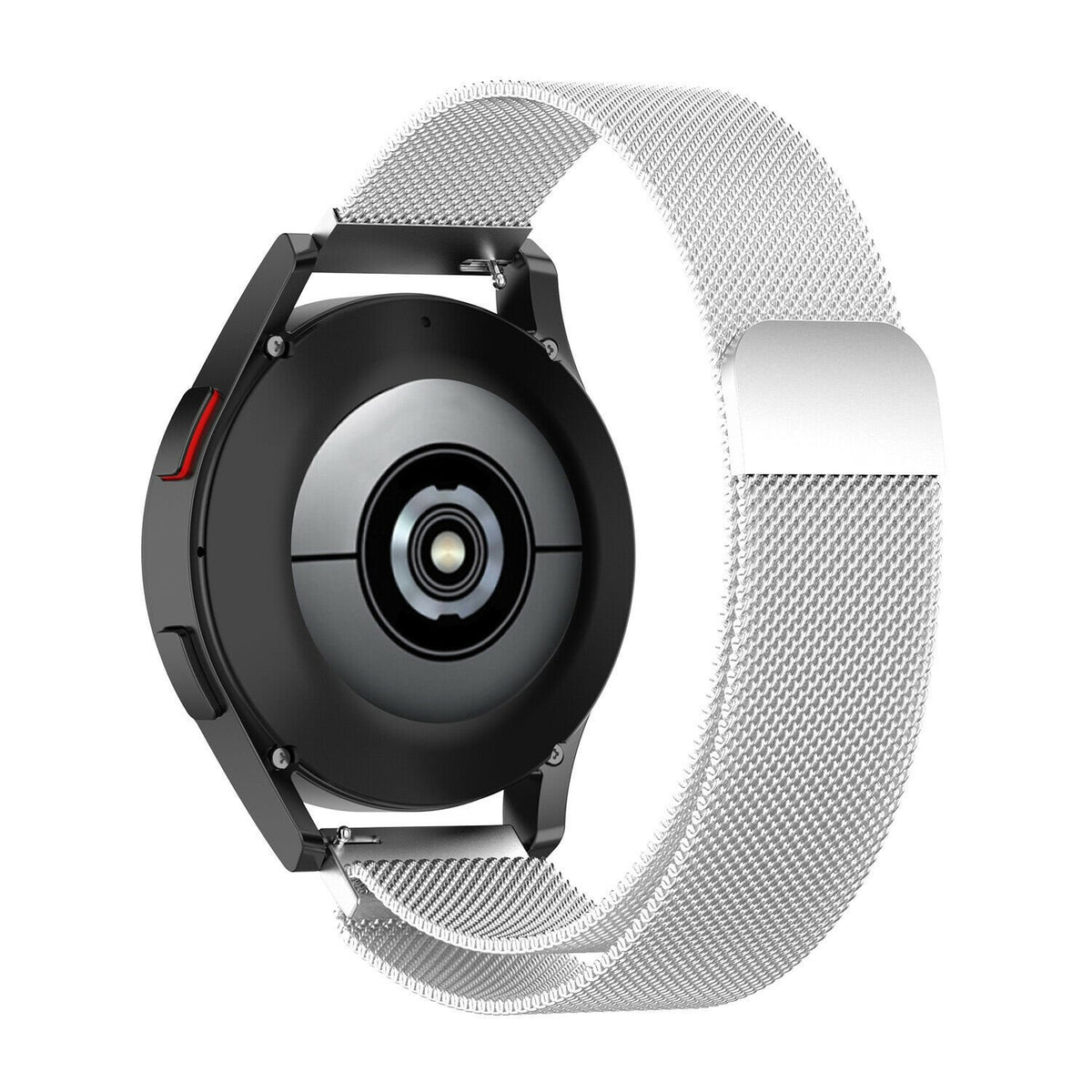 Milanese Strap, silver, on a watch, 3/4 rear view