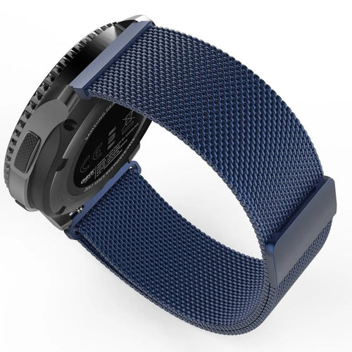 Milanese Strap, blue, on a watch, 3/4 rear view