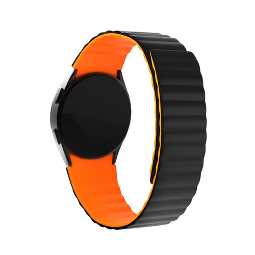 Magnetic Silicone Strap, black/orange, on a watch, 3/4 rear view