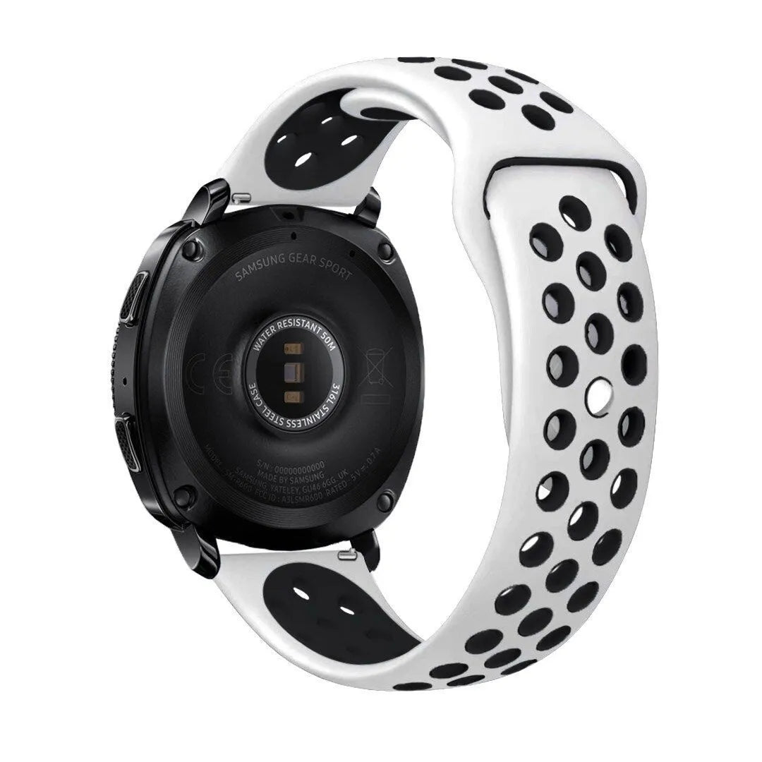 Silicone Sport Strap, white/black, on a watch, 3/4 rear view