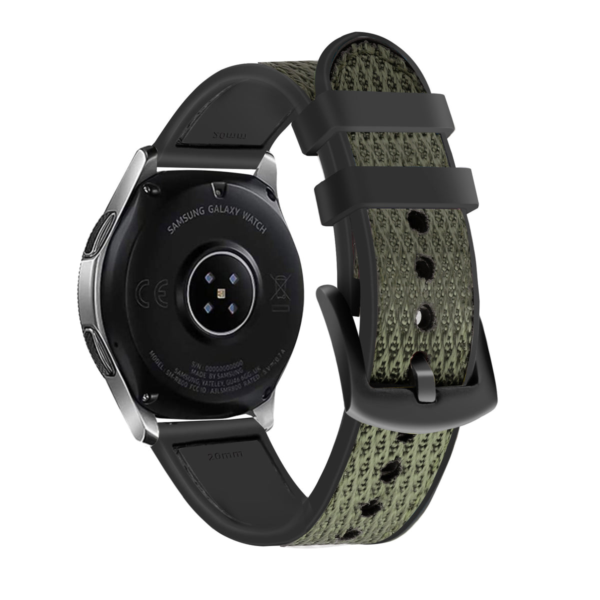 Nylon Hybrid Strap, green, on a watch, 3/4 rear view