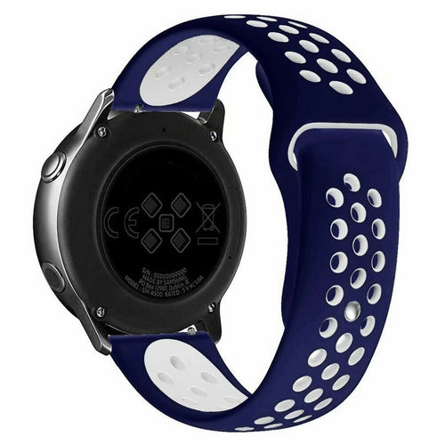 Silicone Sport Strap, blue/white, on a watch, 3/4 rear view