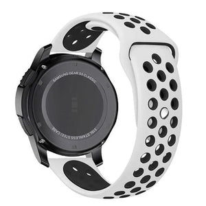 Silicone Sport Strap, white/black, on a watch, 3/4 rear view