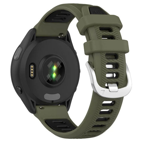 Silicone Buckled Sport Strap, olive green/black, on a watch, 3/4 rear view