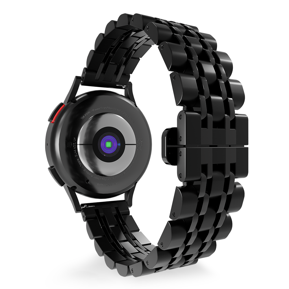 Steel Link Strap 'Duo', black, on a watch, 3/4 rear view