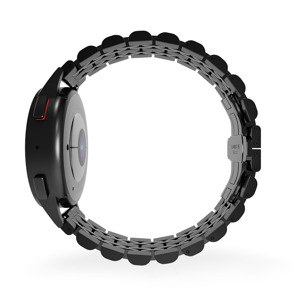 Steel Link Strap 'Duo', black, on a watch, 3/4 rear view