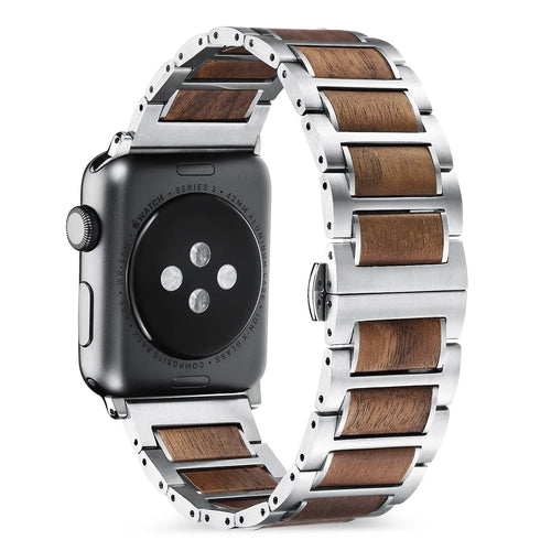 Wood Steel Strap, silver/brown, on a watch, 3/4 rear view