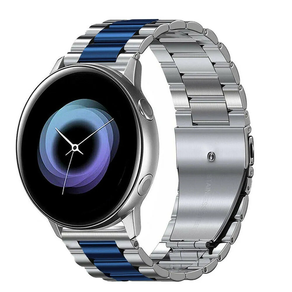 Steel Strap, silver/blue, on a watch, 3/4 rear view
