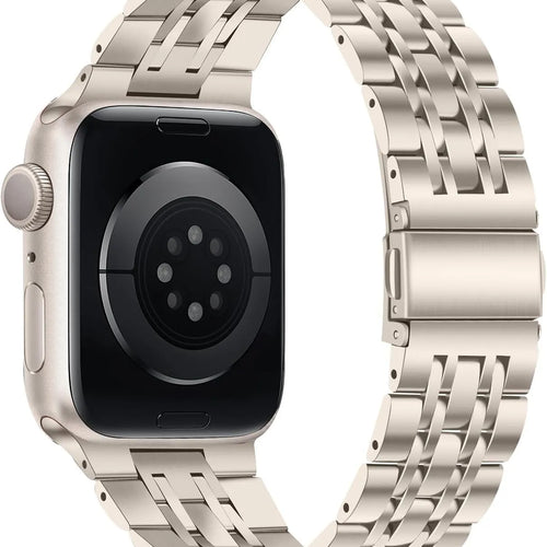 Luxury Steel Link Strap, starlight, on a watch, 3/4 rear view