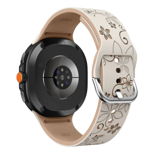 Flower Silicone Strap, starlight/beige, on a watch, 3/4 rear view