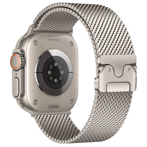Modern Milanese Strap, starlight, on a watch, 3/4 rear view