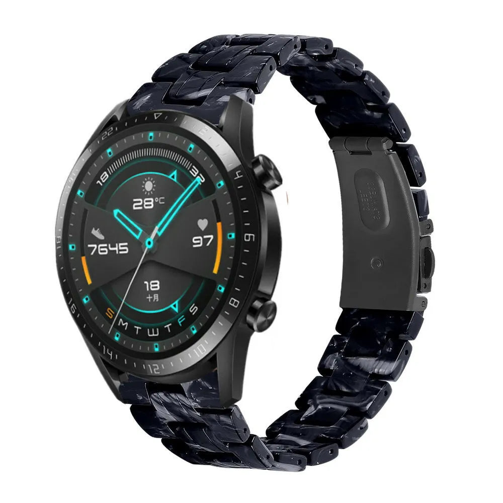 Metal Resin Strap, black/white, on a watch, 3/4 rear view