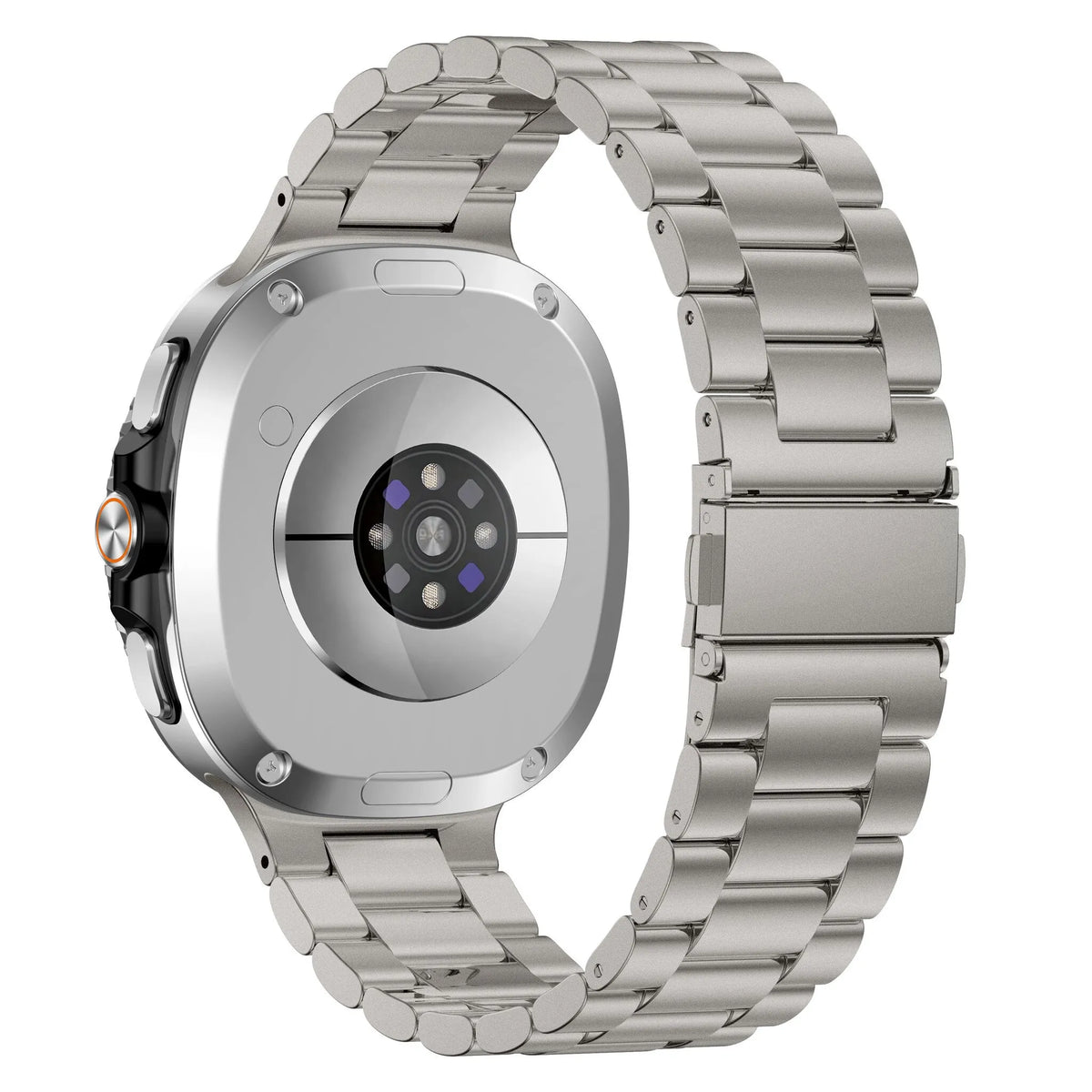 Steel Strap, titanium, on a watch, 3/4 rear view