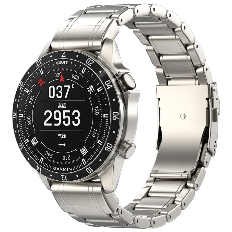 Premium Titanium Strap, on a watch, 3/4 rear view