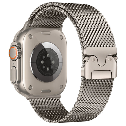 Modern Milanese Strap, titanium, on a watch, 3/4 rear view