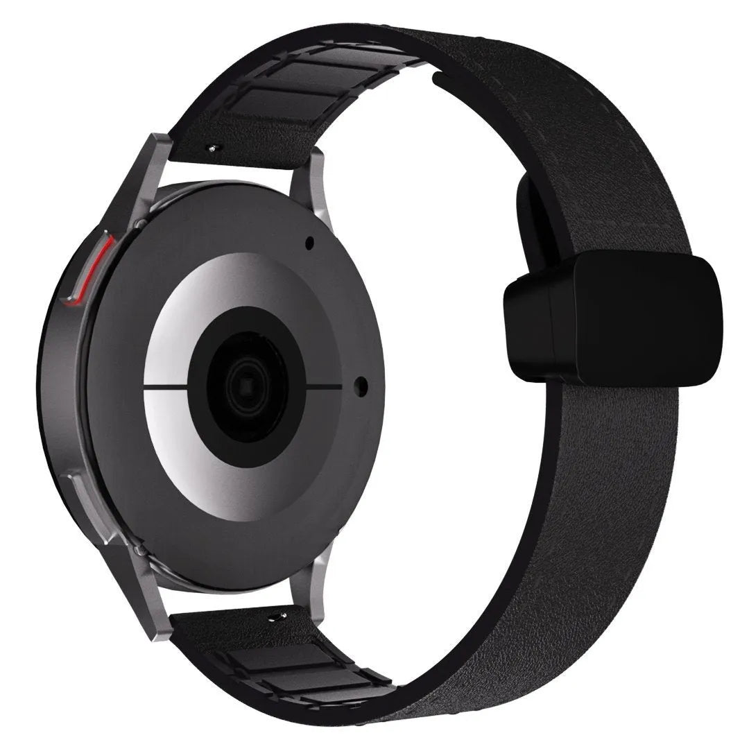 D-Buckle Leather Strap, black, on a watch, 3/4 rear view