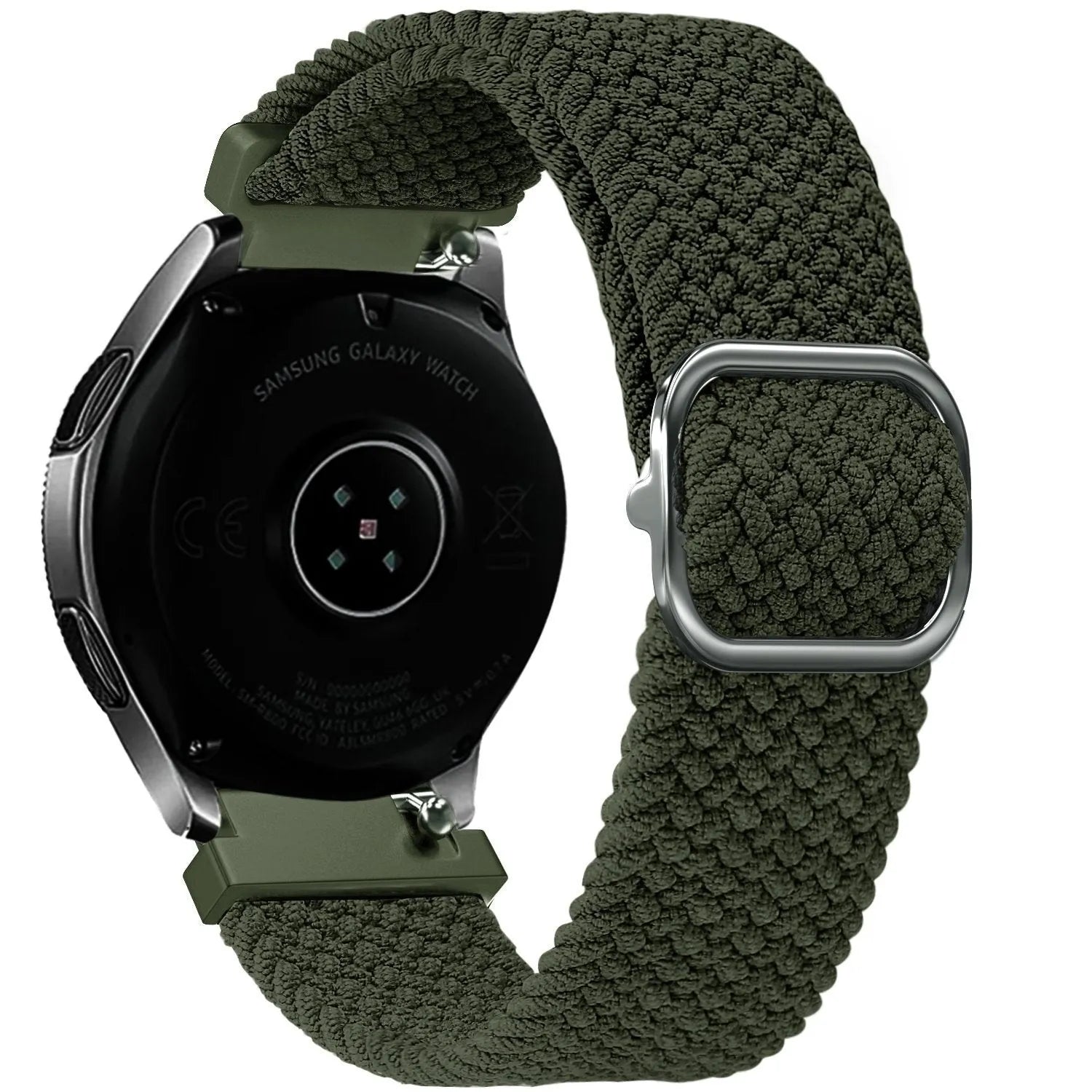 Nylon Adjustable Braided Strap, green, on a watch, 3/4 rear view
