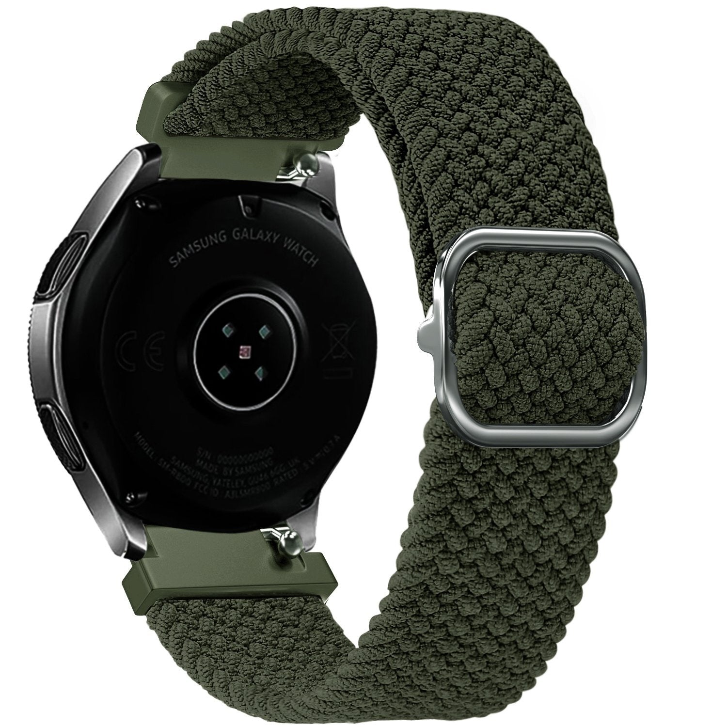 Nylon Adjustable Braided Strap, green, on a watch, 3/4 rear view