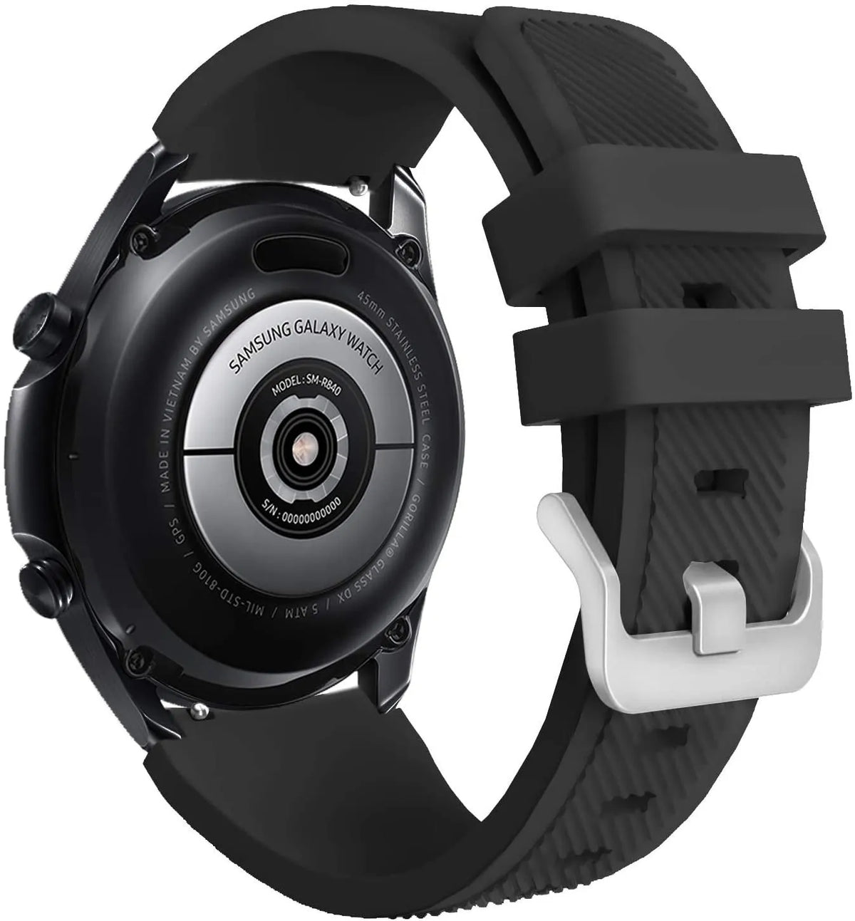 Twill Silicone Strap, black, on a watch, 3/4 rear view