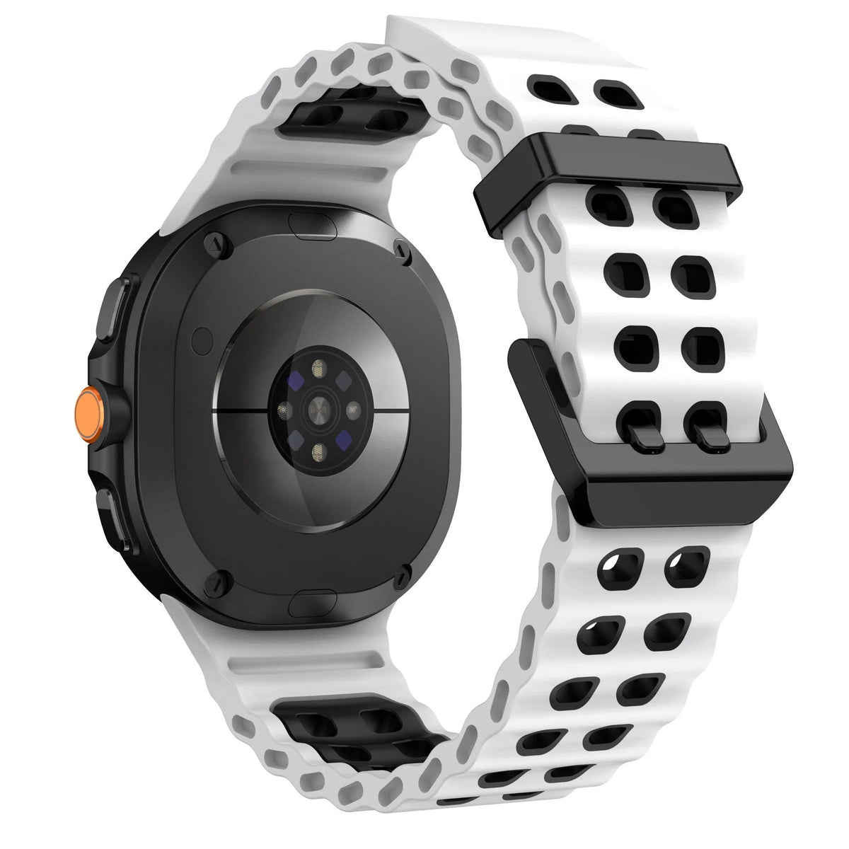 Silicone Ocean Strap, white/black, on a watch, 3/4 rear view