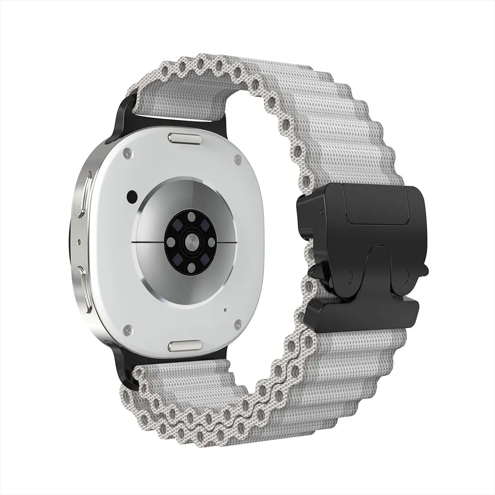 Outdoor Nylon Strap with P-Buckle, white with black, on a watch, 3/4 rear view