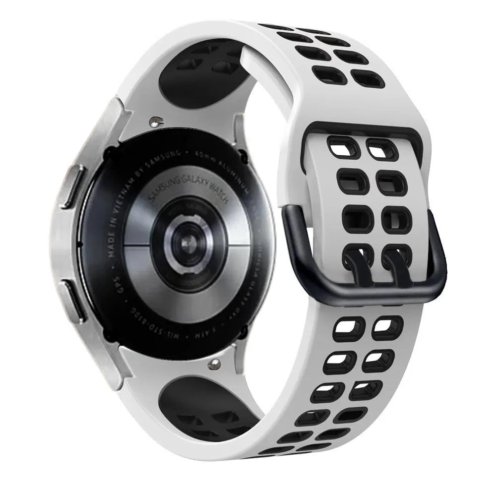 Silicone Squared Sport Strap, white/black, on a watch, 3/4 rear view