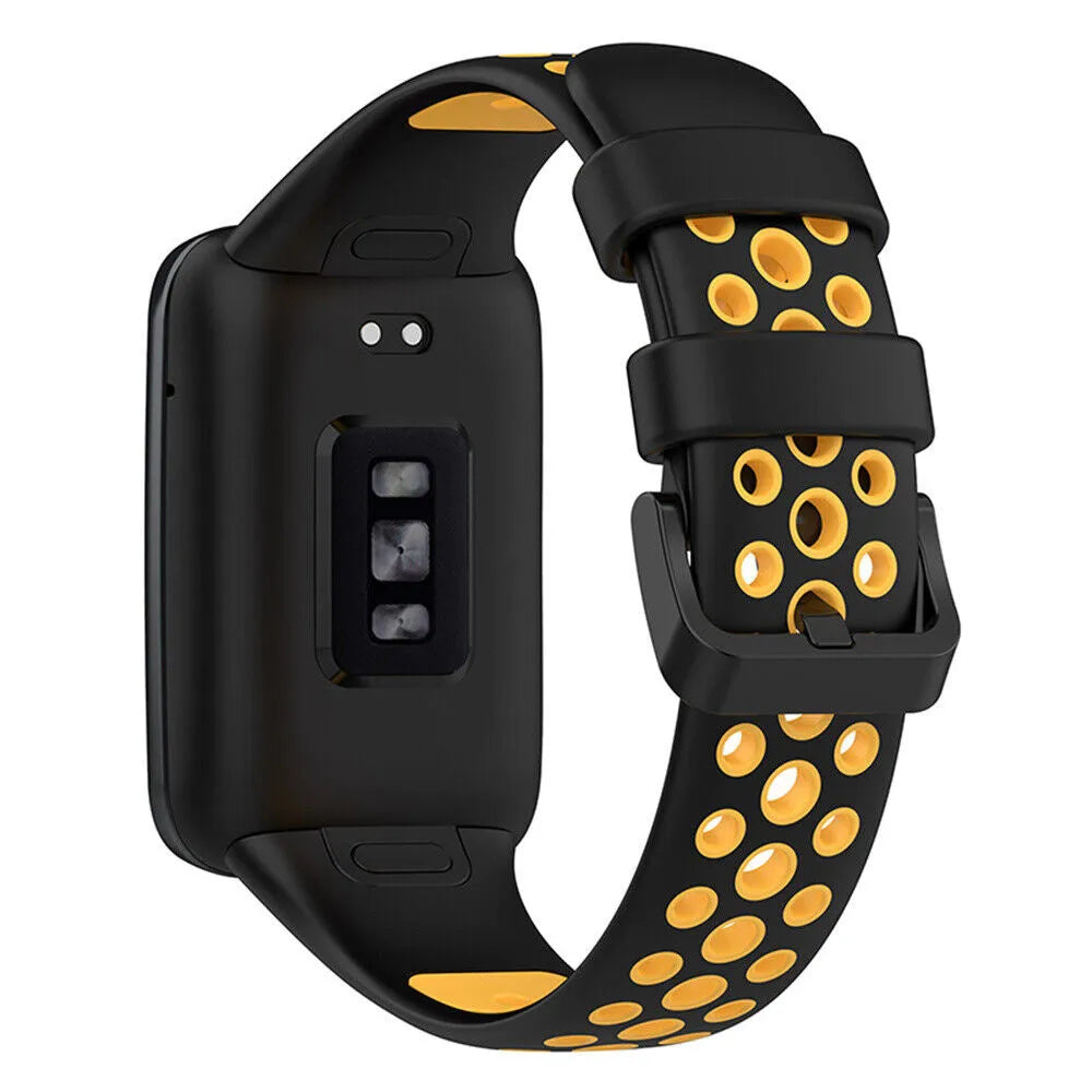 Silicone Sport Strap, black/yellow, on a watch, 3/4 rear view