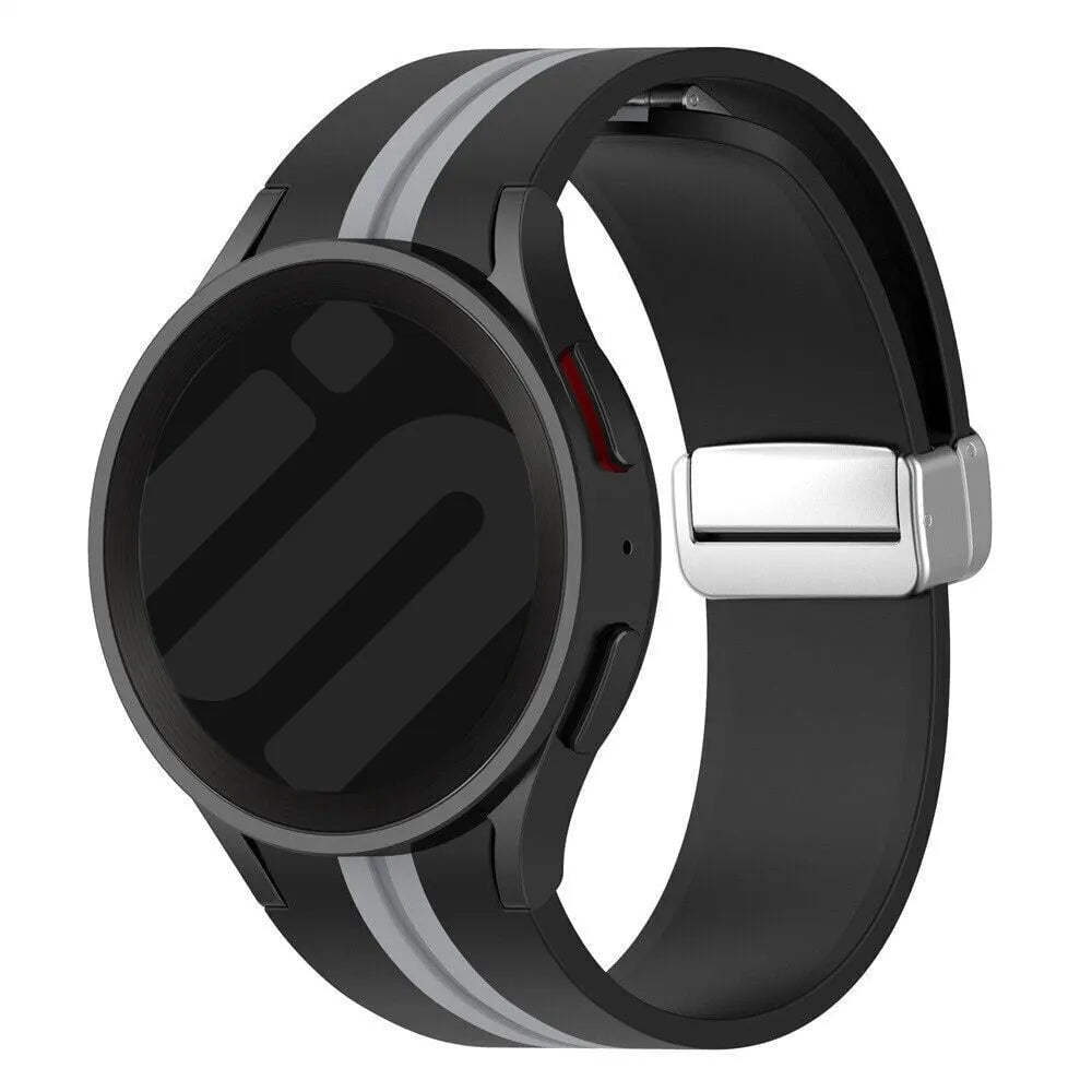 Silicone Magnetic Sport Strap, black/grey, on a watch, 3/4 rear view