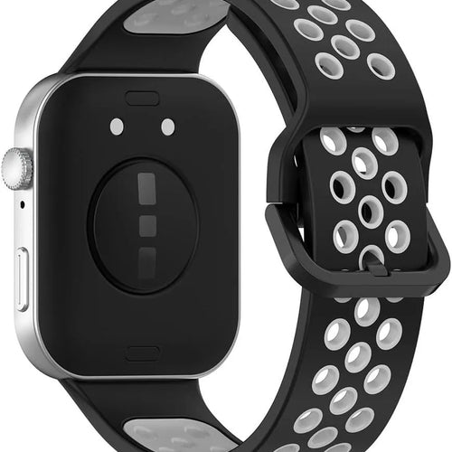 Silicone Sport Strap, black/grey, on a watch, 3/4 rear view