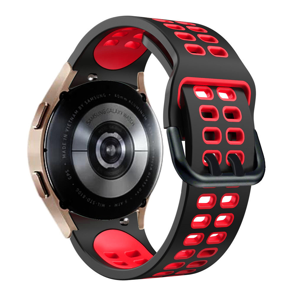 Silicone Squared Sport Strap, black/red, on a watch, 3/4 rear view