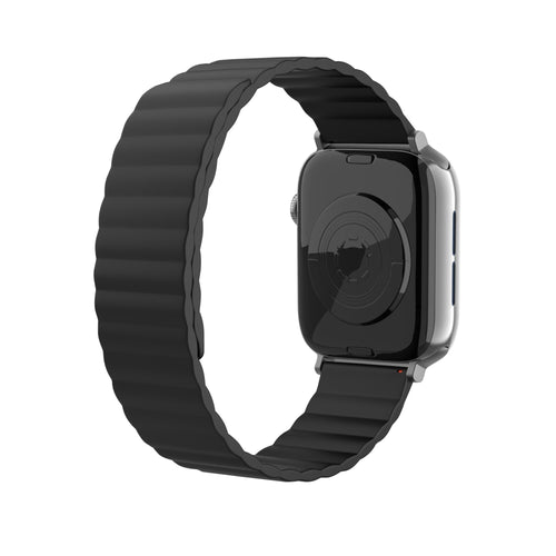 Magnetic Silicone Strap, black, on a watch, 3/4 rear view