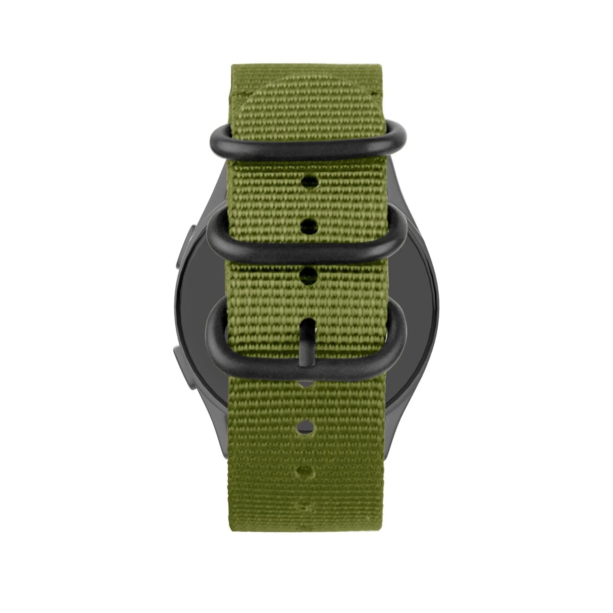 Buckled Nylon Strap, green, on a watch, direct front view