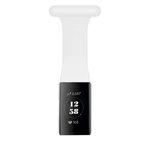 Silicone Nurse Fob, white, on a watch, direct front view
