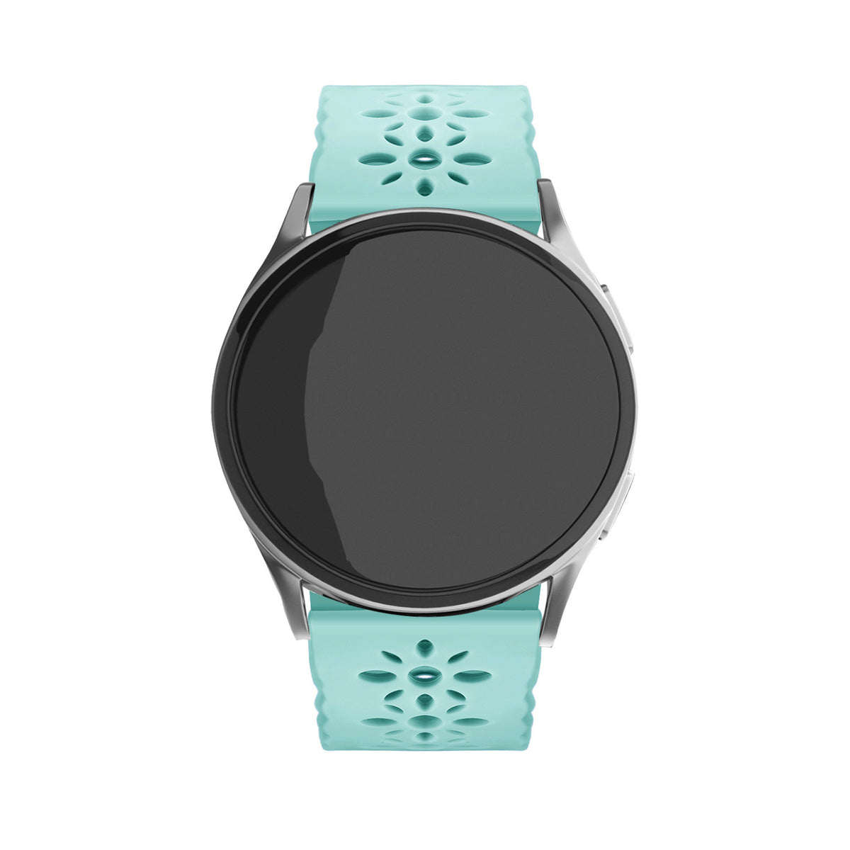 Patterned Silicone Strap, blue sea green, on a watch, direct front view