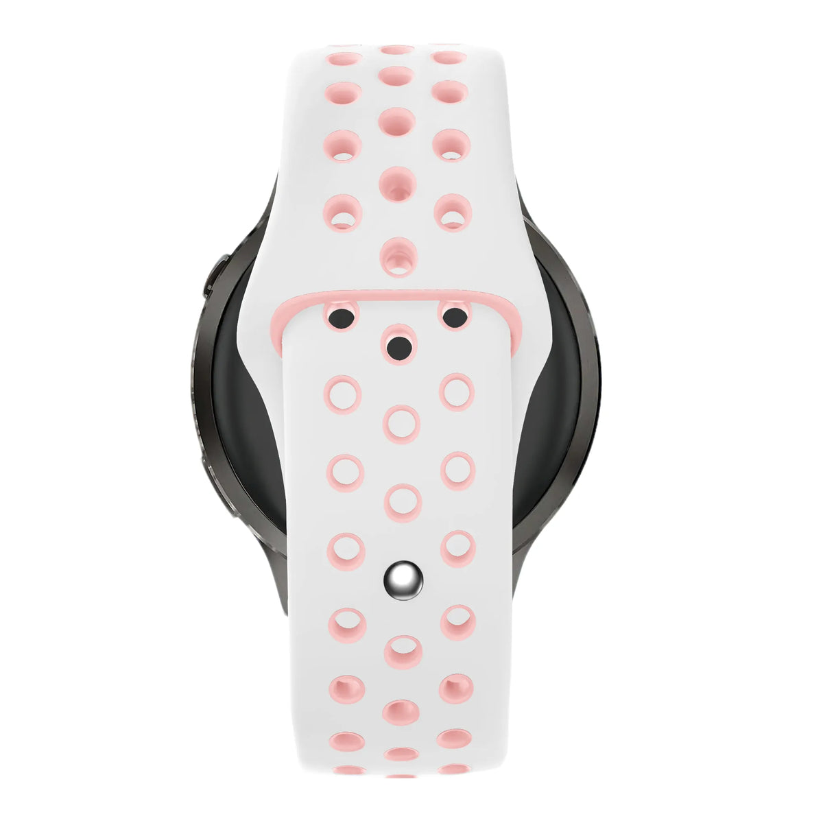 Silicone Sport Strap 'Deluxe', white/pink, on a watch, direct front view
