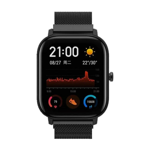 Milanese Strap, black, on a watch, direct front view