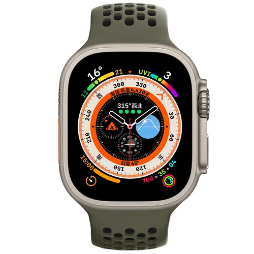 Silicone Buckled Sport Strap, on a watch, direct front view