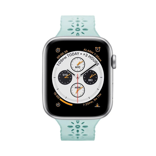 Patterned Silicone Strap, ocean green, on a watch, direct front view
