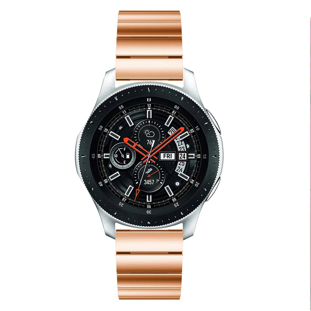Premium Metal Strap, rose gold, on a watch, direct front view