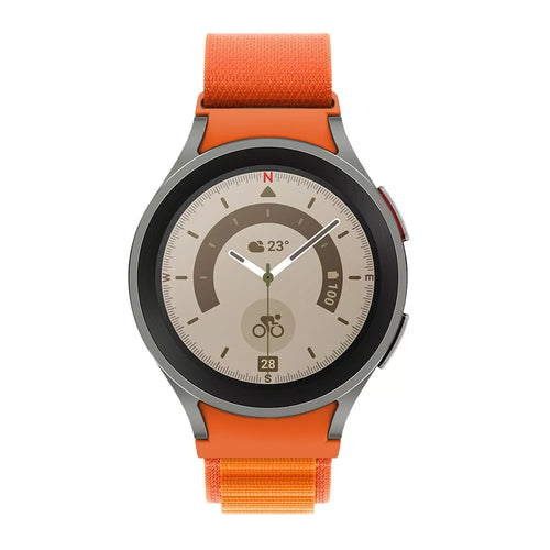 Alpine Nylon Strap, orange, on a watch, direct front view