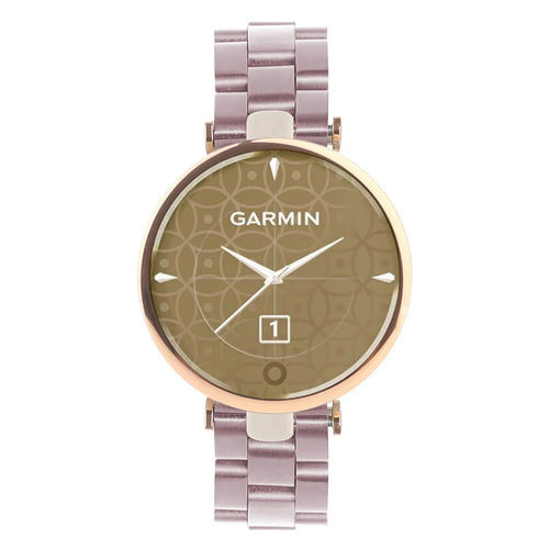 Steel Strap, pink, on a watch, direct front view