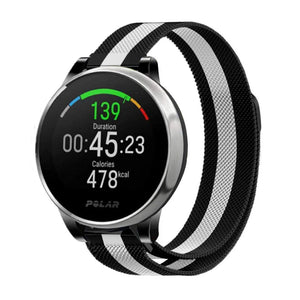 Milanese Strap, black/white, on a watch, direct front view