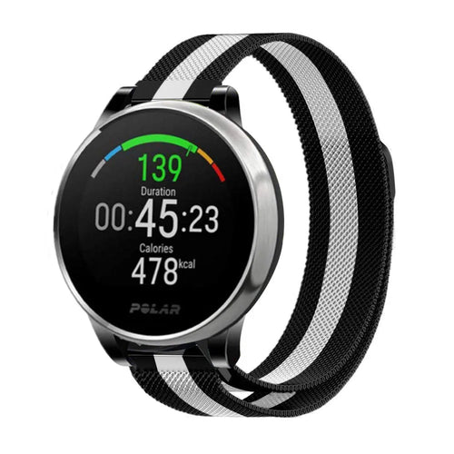 Milanese Strap, black/white, on a watch, direct front view