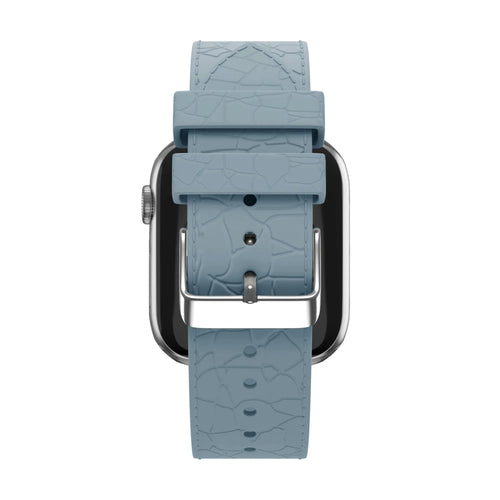 Silicone Strap Leather Pattern, grey-blue, on a watch, direct rear view