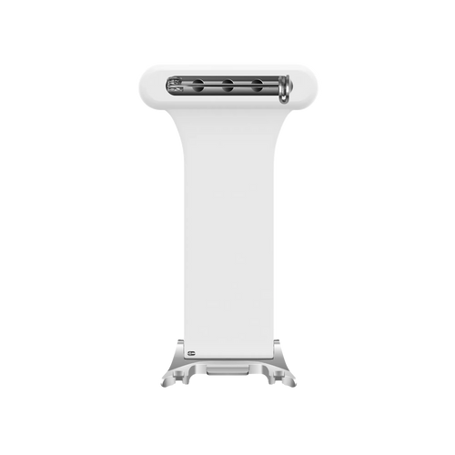 Silicone Nurse Fob, white, on a watch, direct rear view