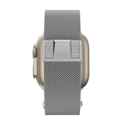 Milanese Strap 'Mecha', titanium silver, on a watch, direct rear view