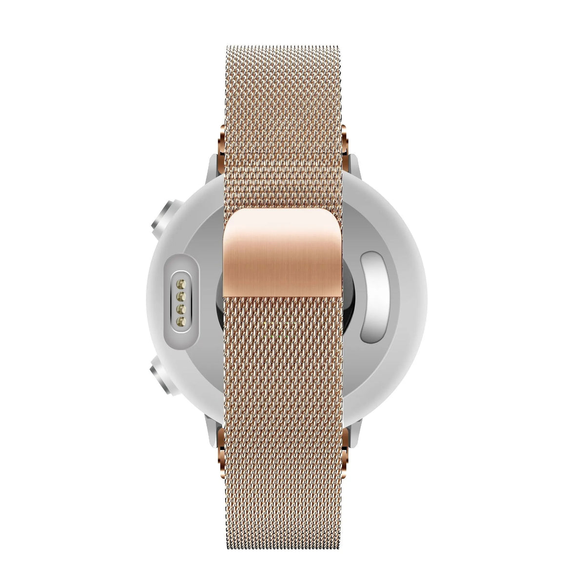 Milanese Loop Strap, rose gold, on a watch, direct rear view