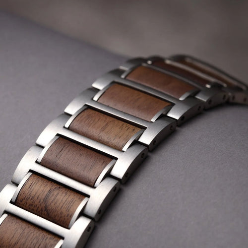 Wood Steel Strap, silver/brown, without a watch, 3/4 front view